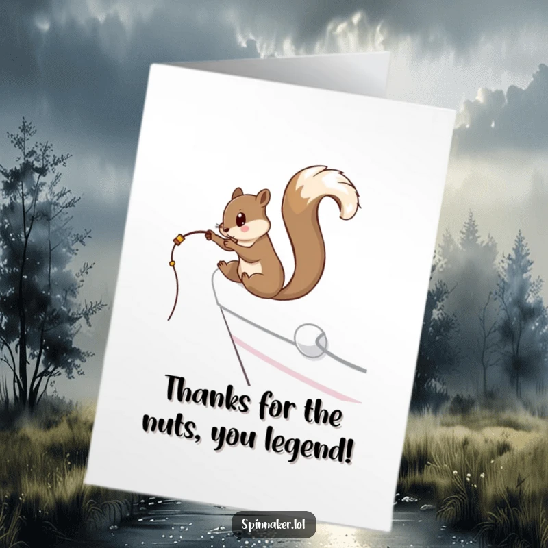 Funny Free Printable Thank You Card: Curious squirrel dangling a fishing line off a yacht, sending thanks with a playful grin.
