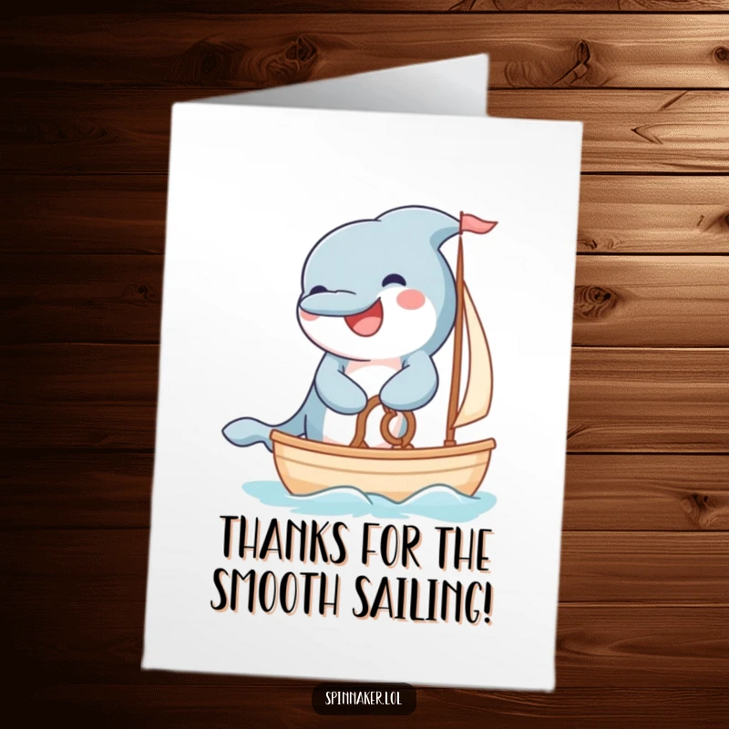 Funny Free Printable thank you card showing a grinning dolphin steering a small sailboat with fluffy paws.
