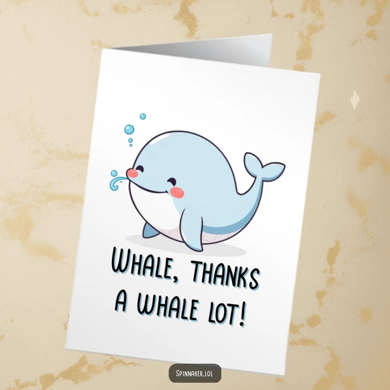 Funny Free Printable Thank You Card featuring a smiling whale with a tiny water spray, conveying gratitude with aquatic charm.