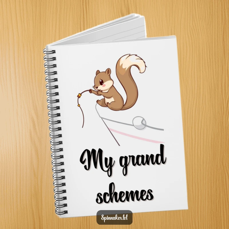 Funny curious squirrel dangling a fishing line off the side of a yacht on a notebook, perfect funny gift.