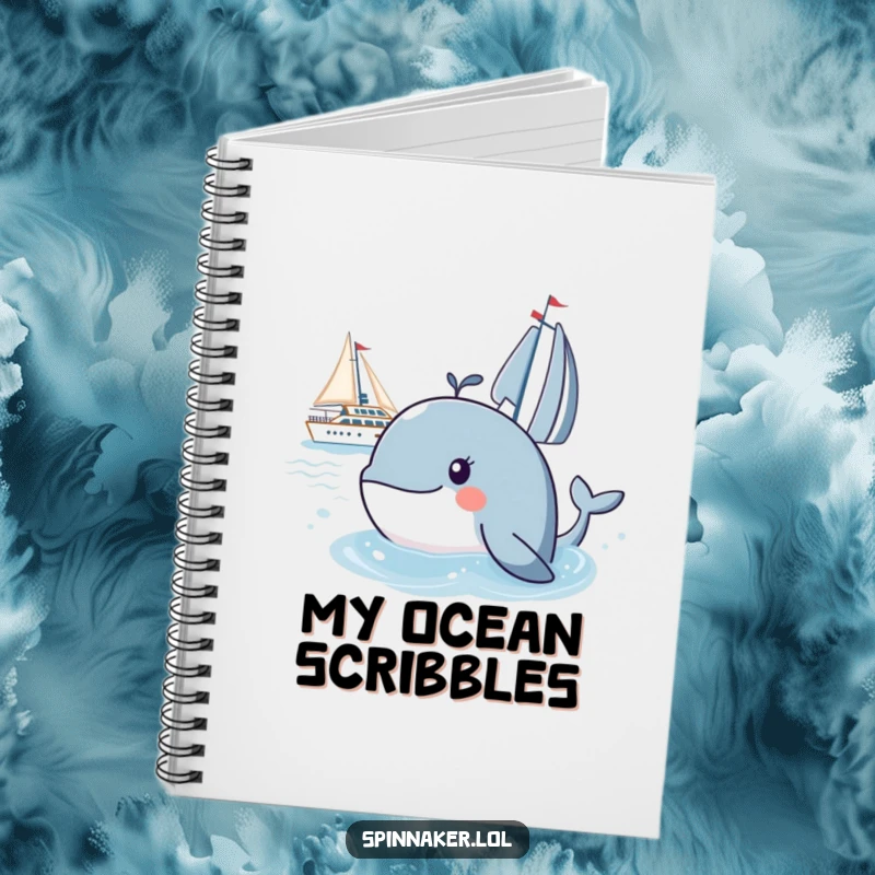 Funny whale notebook with a curious whale peeking at a yacht, designed for capturing thoughts with a humorous marine theme.