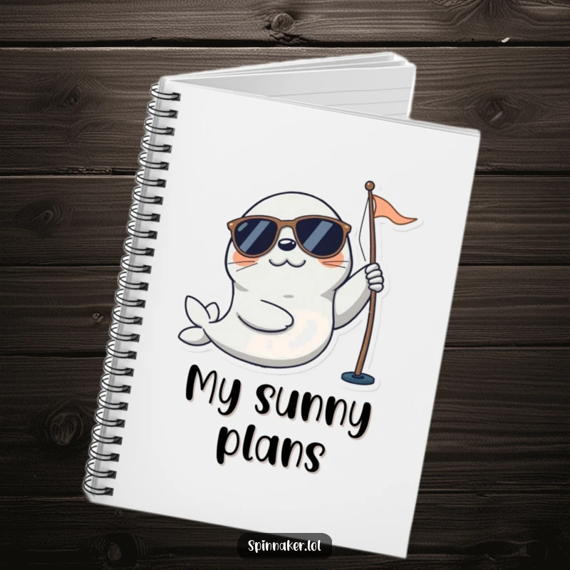 Funny seal notebook with a playful character in sunglasses happily adjusting a sail, designed for nautical fans and lovers of funny stationery.