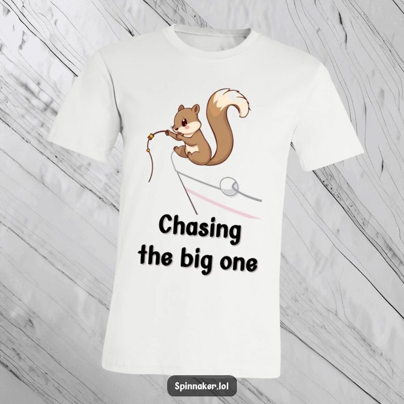 Funny curious squirrel dangling a fishing line off the side of a yacht, perfect for a funny t-shirt gift.