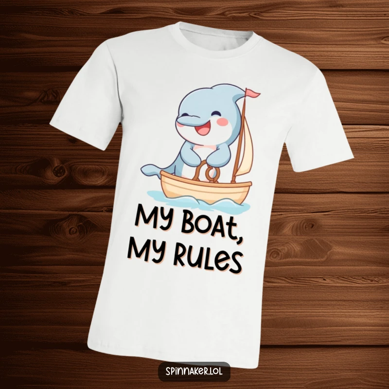 Funny grinning dolphin steering a small sailboat with fluffy paws on a t-shirt.