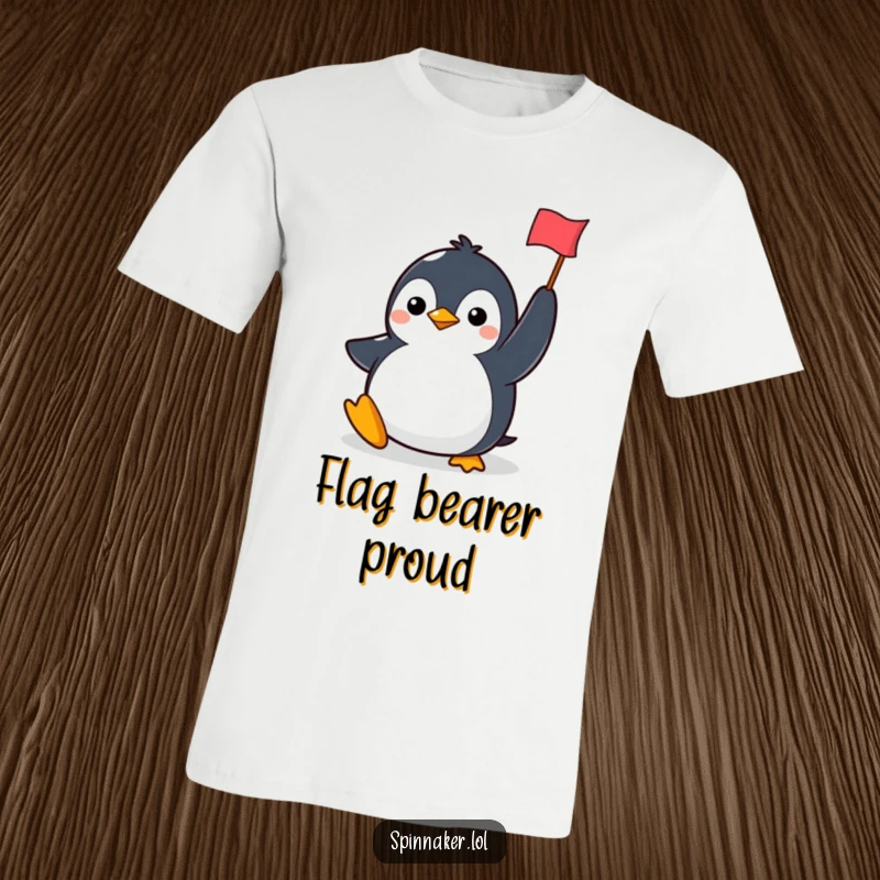 Funny penguin t-shirt showing a determined character smiling and holding a flag aloft, celebrating victory with playful humor.