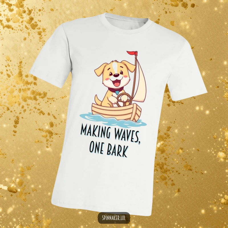 Funny excited puppy dog happily steering a small sailboat, perfect for a funny t-shirt gift.
