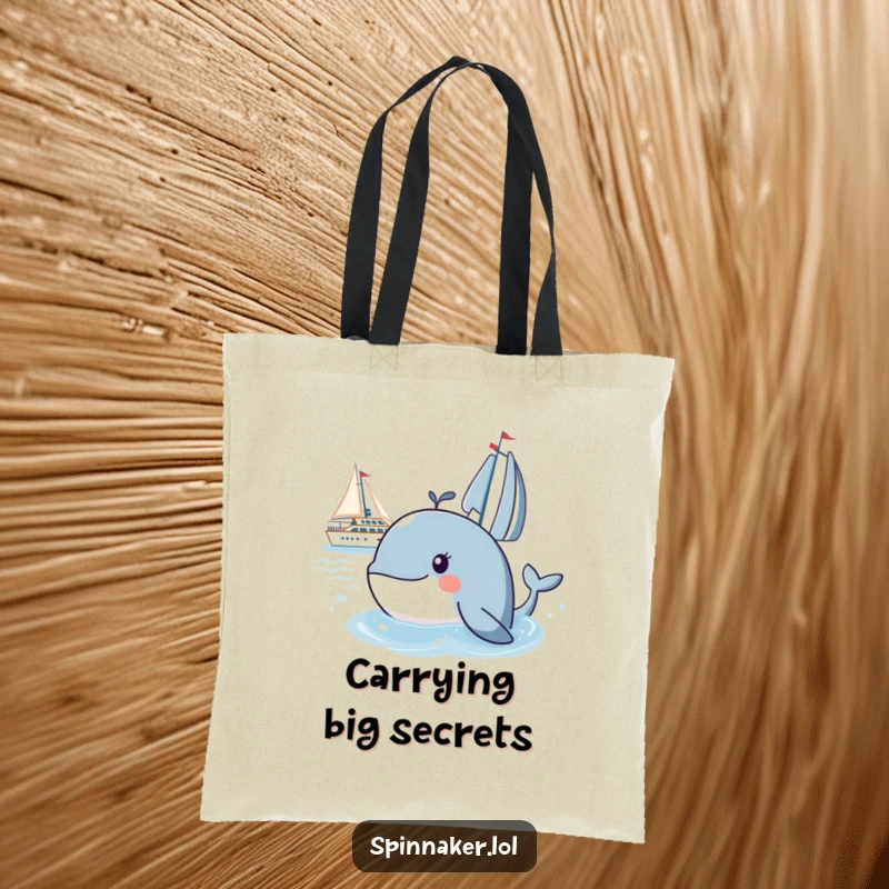 Funny whale tote bag with a curious whale peeking at a yacht, showcasing a humorous, observational theme for screen readers.