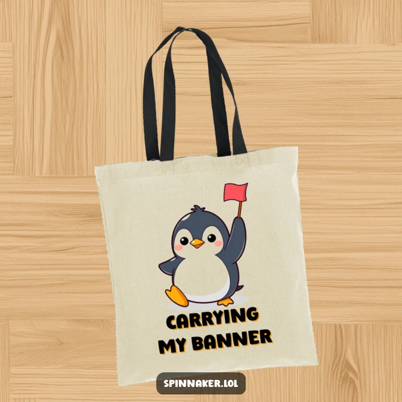 Funny penguin tote bag with a determined character smiling and holding a flag, ideal for celebrating achievements and carrying daily items.