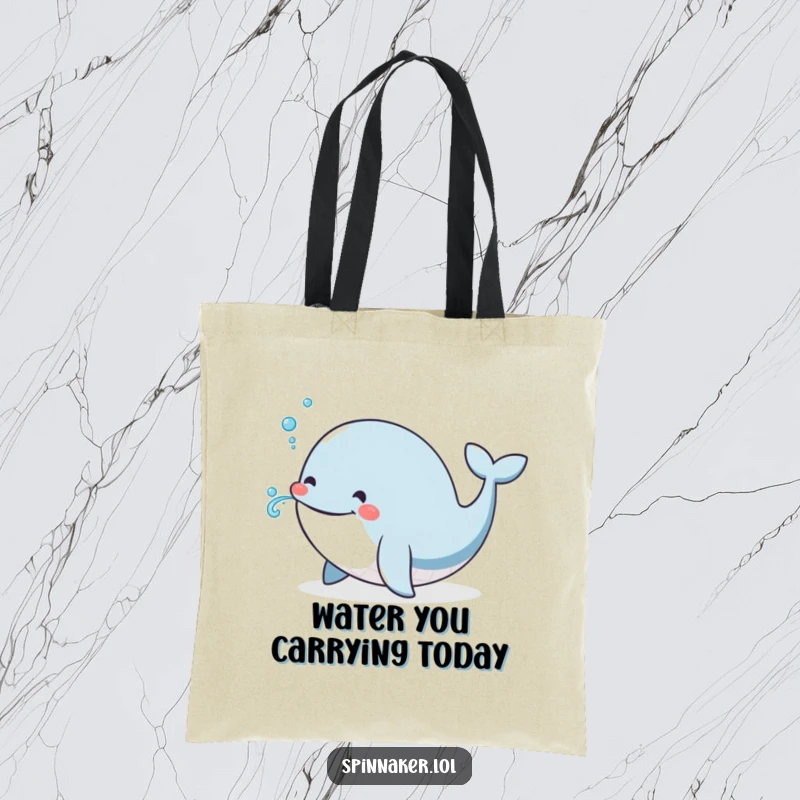 Funny Whale Tote Bag: A cheerful whale with a happy smile blows a tiny, whimsical stream of water, perfect for beach trips.