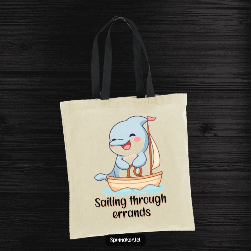 Funny grinning dolphin steering a small sailboat with fluffy paws on a tote bag.